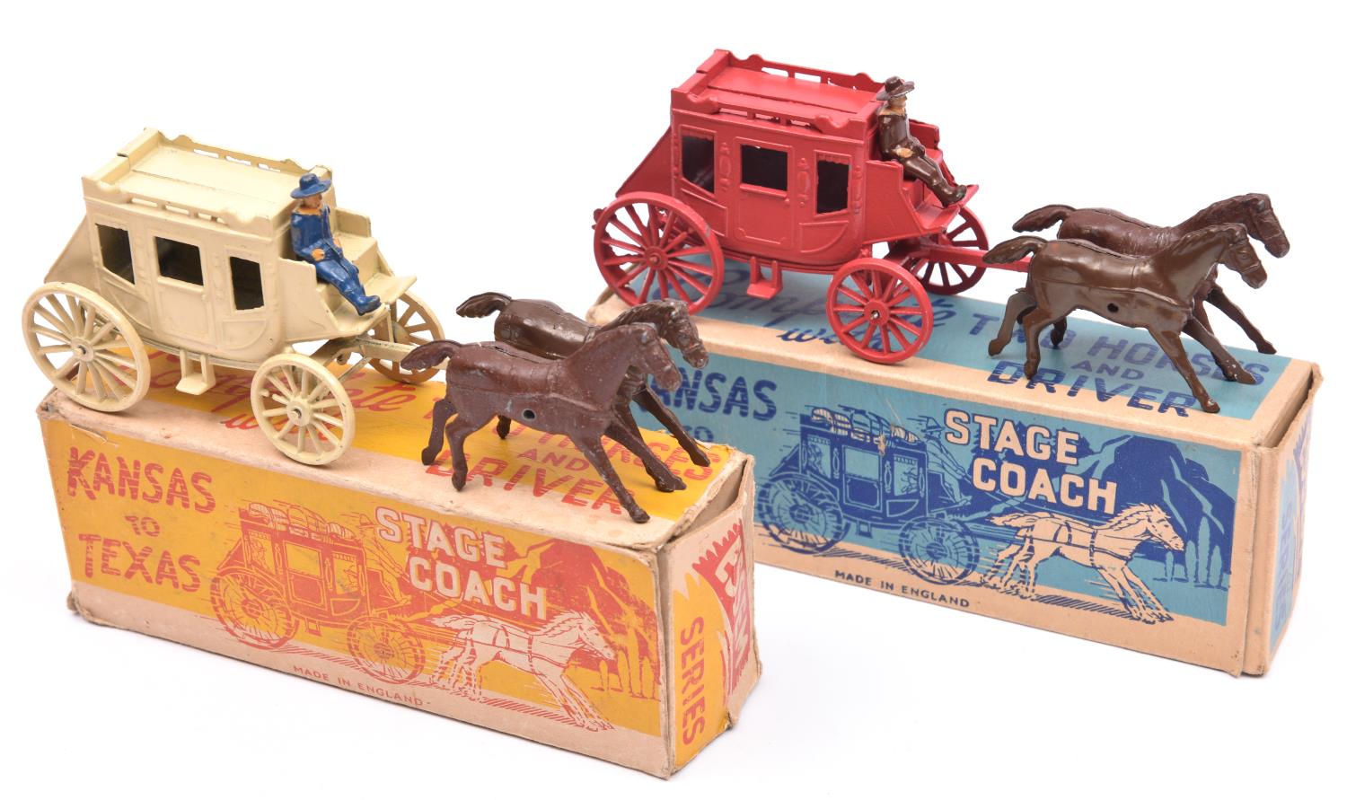2 Essem Series Kansas to Texas Stage Coaches. One in red with two brown horses and a brown rider.