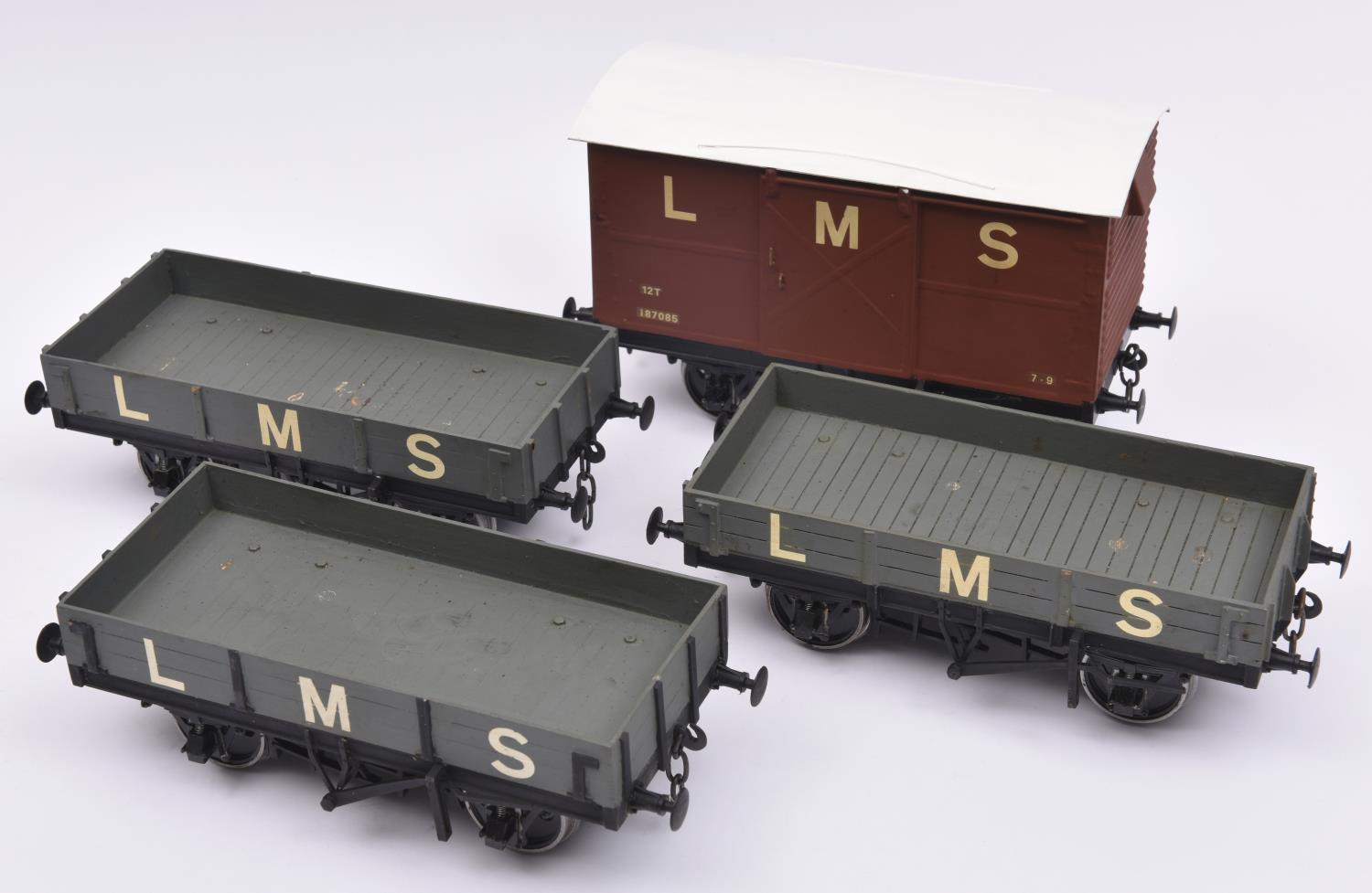 4x Gauge One kit built LMS wagons. 3x 3-plank open wagons in grey and a box van in brown. Well - Image 2 of 2