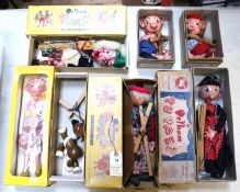 10x Pelham Puppets. 4x boxed examples; Bingo the Dog, Pinocchio (type SS), Scotsman and Tyrolean