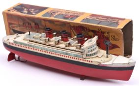 A Alps Toys Co., Japan 1950s clockwork tinplate ship, RMS Queen Mary. Approx 340mm long. Together