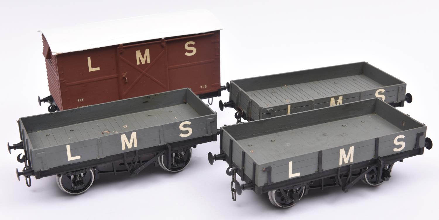 4x Gauge One kit built LMS wagons. 3x 3-plank open wagons in grey and a box van in brown. Well
