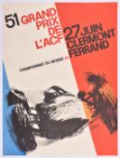 A rare original 1965 motor racing poster. '51 Grand Prix de L'Acf 27 Juin Clermont Ferrand'.