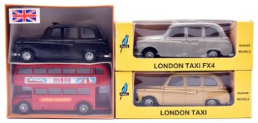 3 Budgie Toys. 2x London Taxi FX4 (703). One in grey and one in metallic gold. Together with a 2-