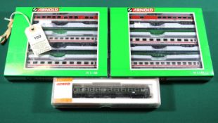 3 Arnold N gauge items. 2x 3 DB Passenger Coach Packs. Each containing one 1st class, one 2nd