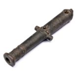 A small Malayan brass cannon, lantaka, 11" overall, with raised touch hole and muzzle ring. GC (dark