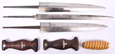 A Third Reich Army dagger blade, 2 SA blades, both with RZM stamps, 2 SA wooden grips and a