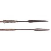 A 19th Century Zulu throwing spear Assegai, 50", wood haft. GC (blade tip ground off); another