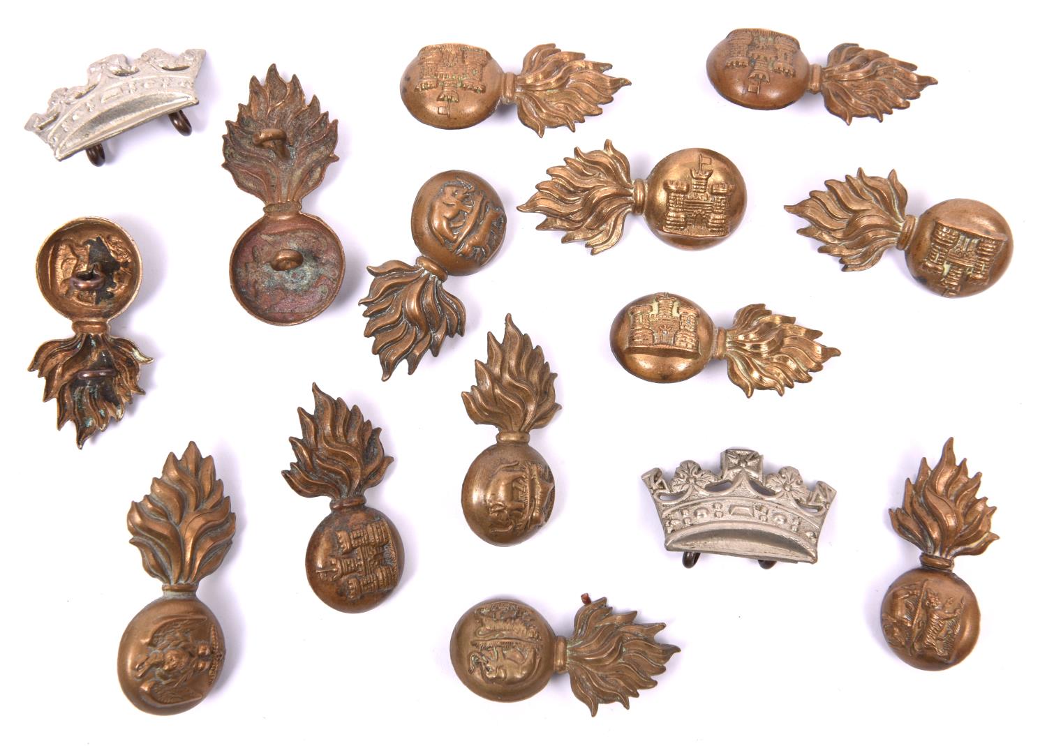 13 Irish grenade collar badges: 3 pairs of Inniskilling Fusiliers horizontal brass grenades, 2