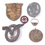 Third Reich insignia: pilot's badge (worn, pin repaired); General Assault badge (Beadle 67 is the