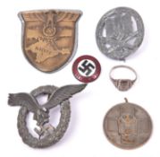 Third Reich insignia: pilot's badge (worn, pin repaired); General Assault badge (Beadle 67 is the
