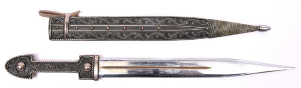 A decorative modern Caucasian kindjal, polished blade 9", the silver coloured hilt and sheath