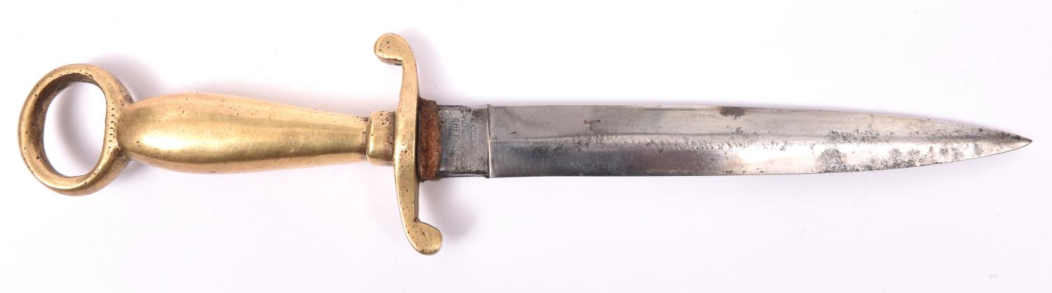 An unusual old fighting knife (?), DE blade 6¼" by "Woodhead, Howard St, Sheffield", the one piece
