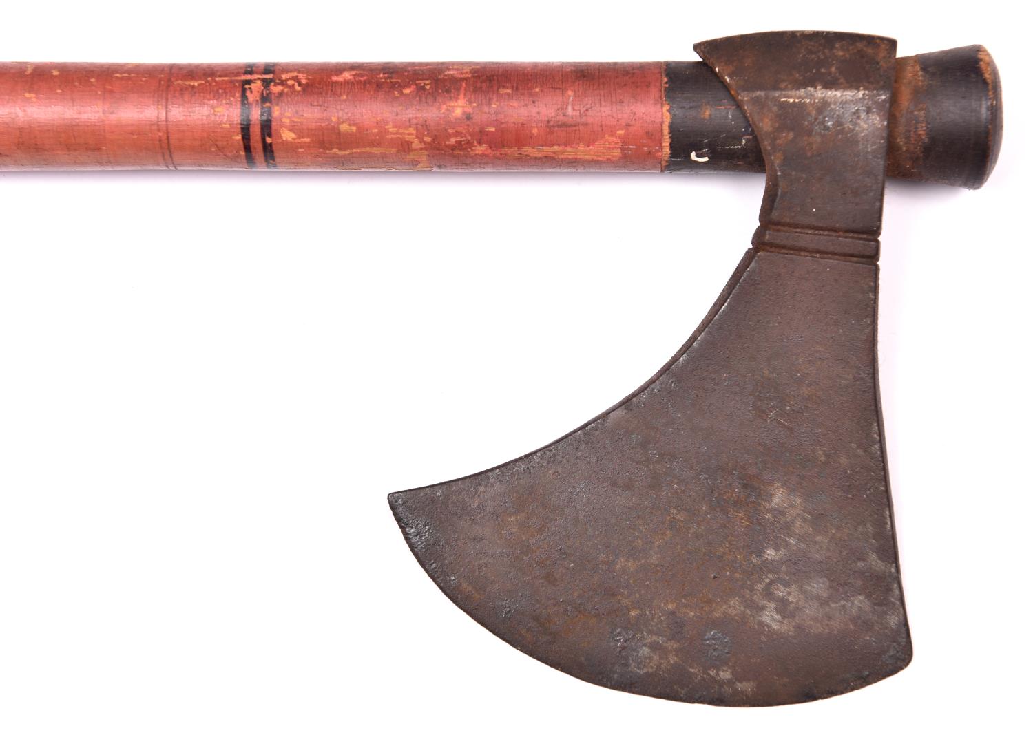 A 19th century central Indian axe, semi crescent head 5½", on its 39½" wooden haft with red, - Image 2 of 2