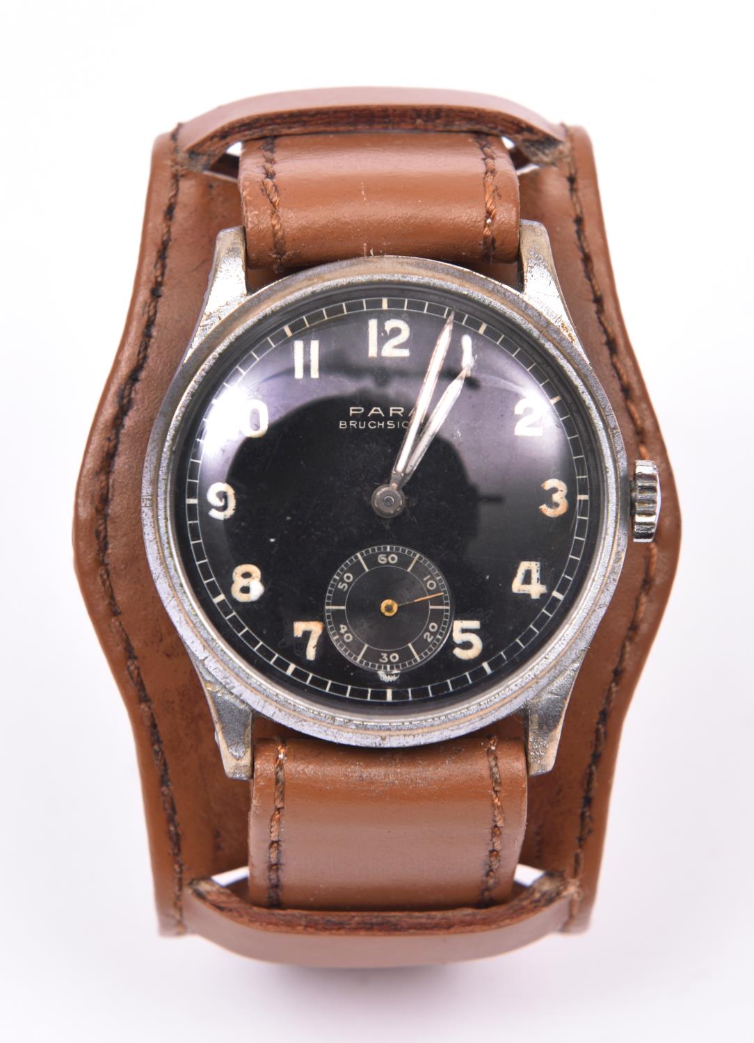 DH marked Para wristwatch. Serial D8514H. Plated case, brushed finish, some plating loss, 35mm