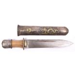 A Tibetan knife, DE blade 7" with simple inlaid copper symbol, the grip of soapstone with white