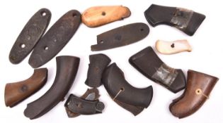 Eleven pairs of revolver grips: Webley Mk VI (2), Webley bird's head chequered wood (one chipped),