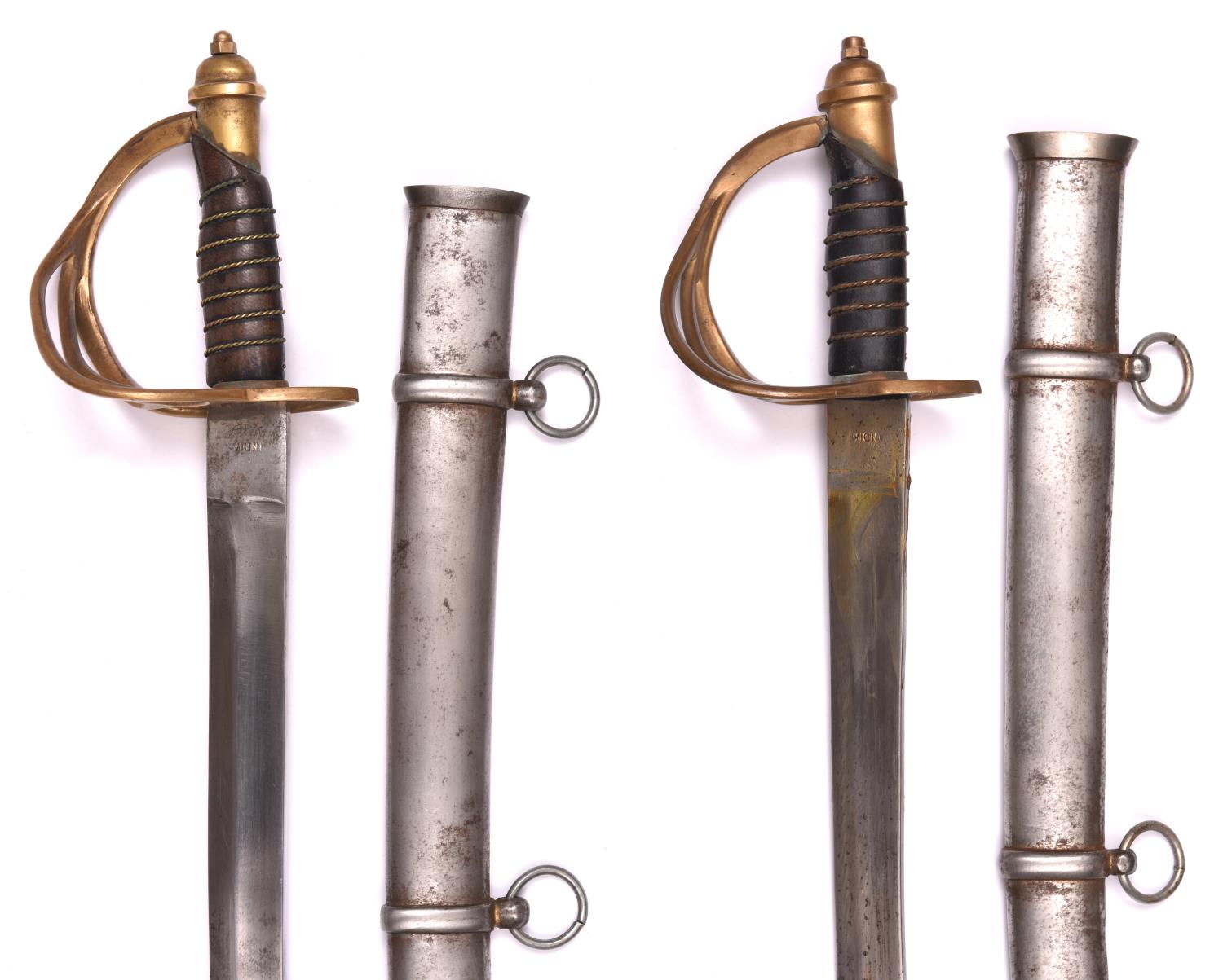 Two modern Indian small military pattern swords, slightly curved blades 22½" stamped at the - Image 2 of 2