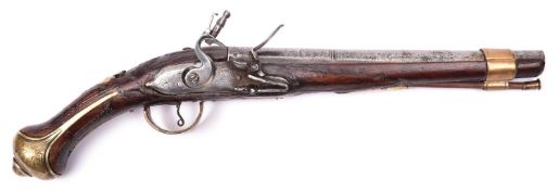 A Turkish flintlock holster pistol, 16" overall, barrel 9½" with engraved decoration, the lock