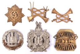 A brass shoulder title, Dartford School O.T.C., with backing plate; 3 cap badges, K.O.S.B,