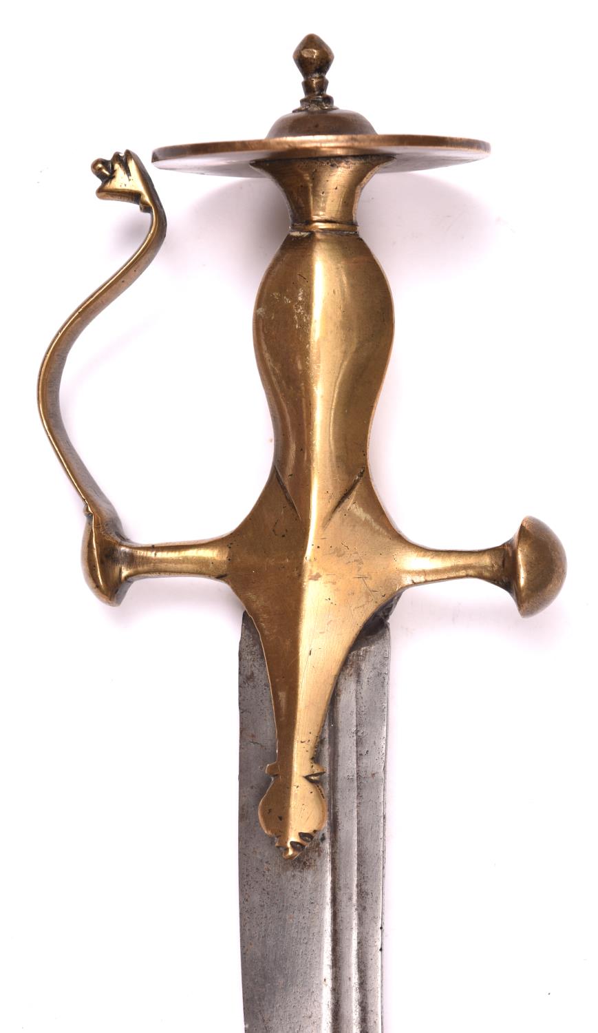 An Indian tulwar, blade 32" with two narrow fullers, all brass hilt with large disc pommel and - Image 2 of 2