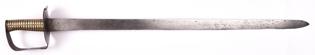 An early 19th century naval cutlass, straight flat single edged blade 28½?, with iron double disc