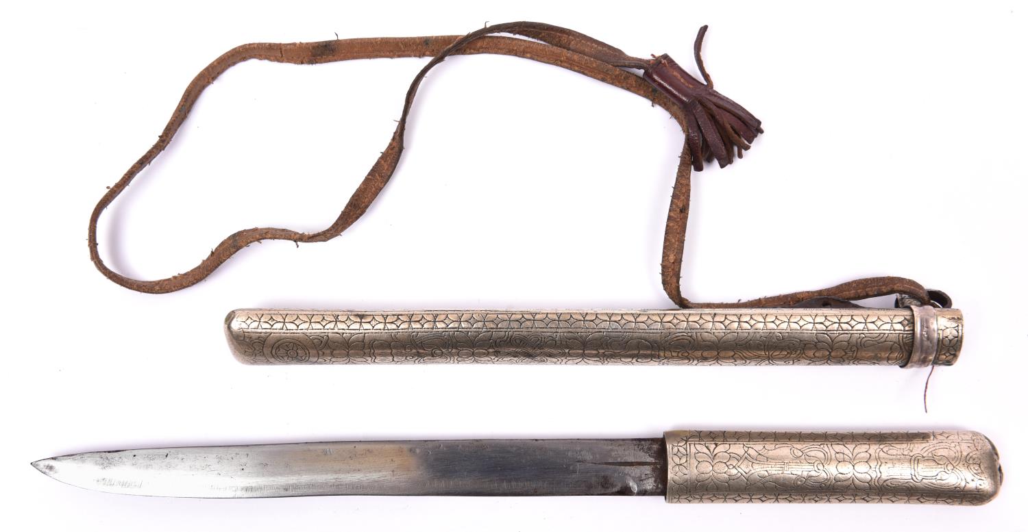 A Chinese knife, SE blade 7½", the white metal hilt engraved overall with dragon, flowers, etc, in - Image 2 of 2