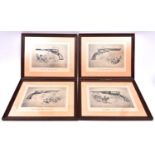 Four modern framed prints depicting Colt percussion revolvers: 1836 Paterson, 1847 Walker Dragoon,