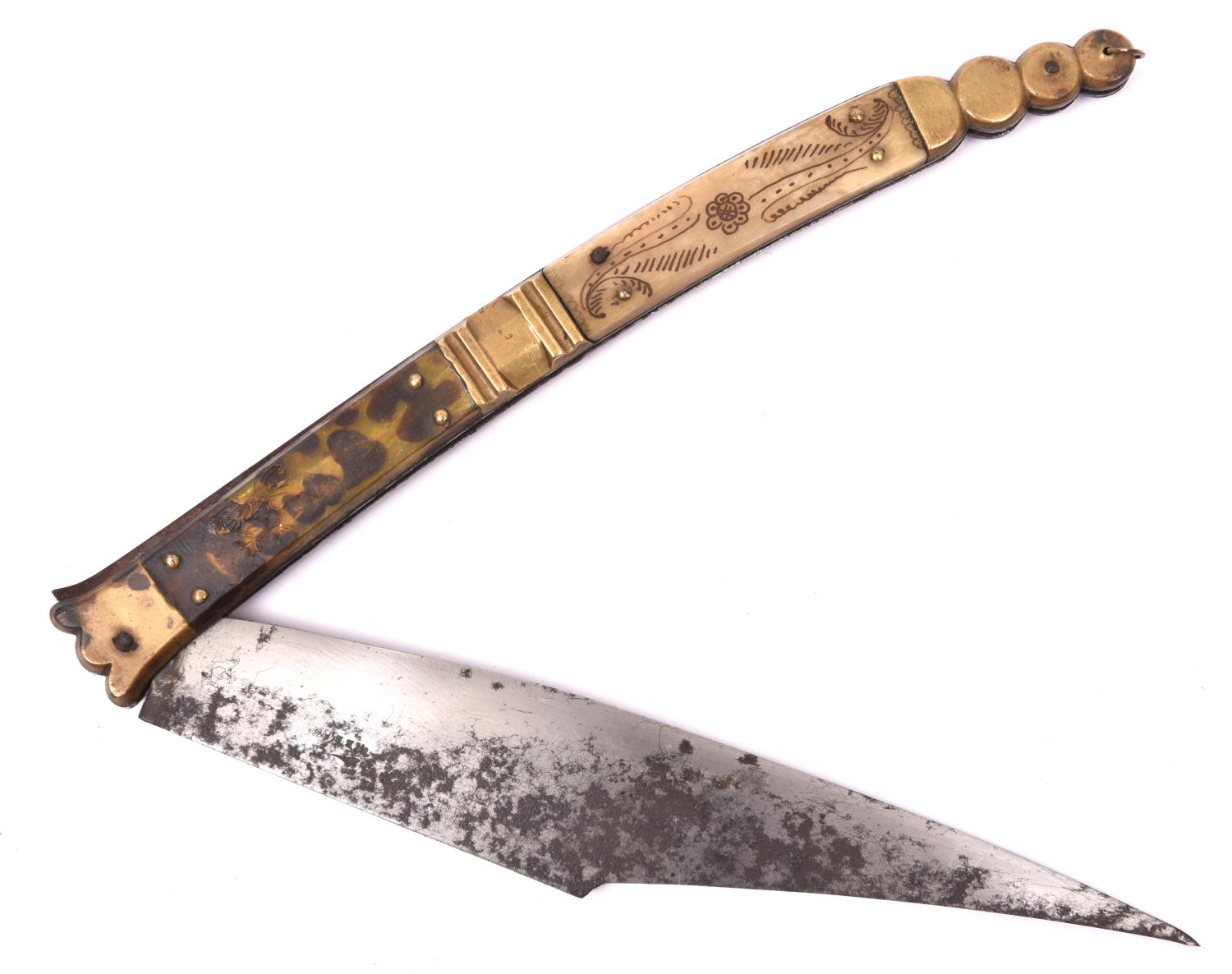 A Spanish 19th century folding knife navaja, broad blade 8¼" stamped with maker's name "MBERON" (?), - Image 2 of 2
