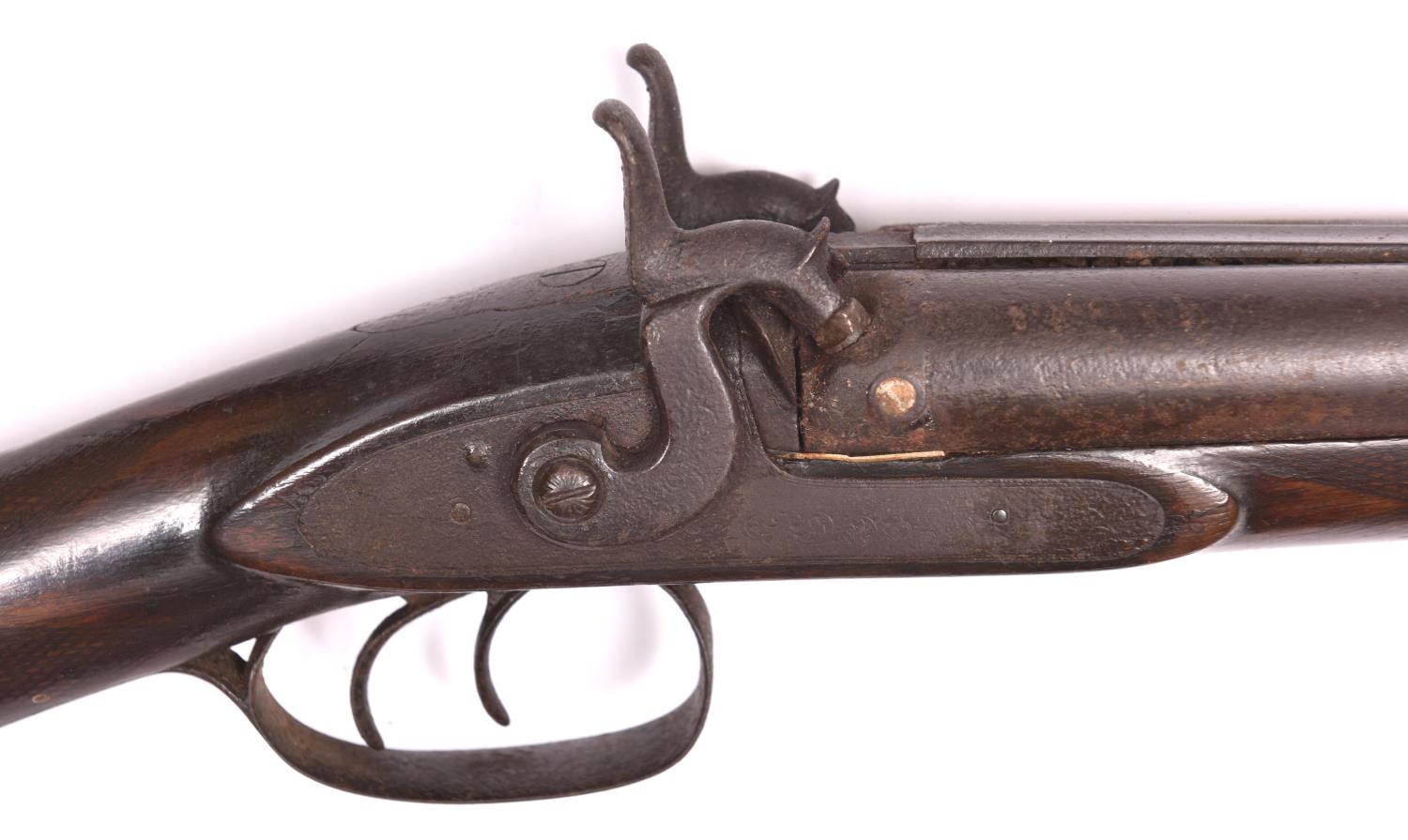 A DB 12 bore percussion sporting gun, c 1850, barrels 28", unsigned locks with traces of scroll - Image 2 of 2