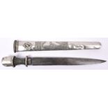 A Tibetan knife, SE blade 10½", the hilt with white metal oval crossguard and pommel, and