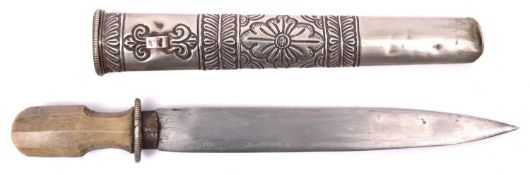 A Tibetan knife, SE blade 9", the hilt of pale horn with oval white metal crossguard, in its