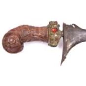 A good Malay kris, 2 tone wavy blade 12½", heavily carved wood hilt with jewelled brass base