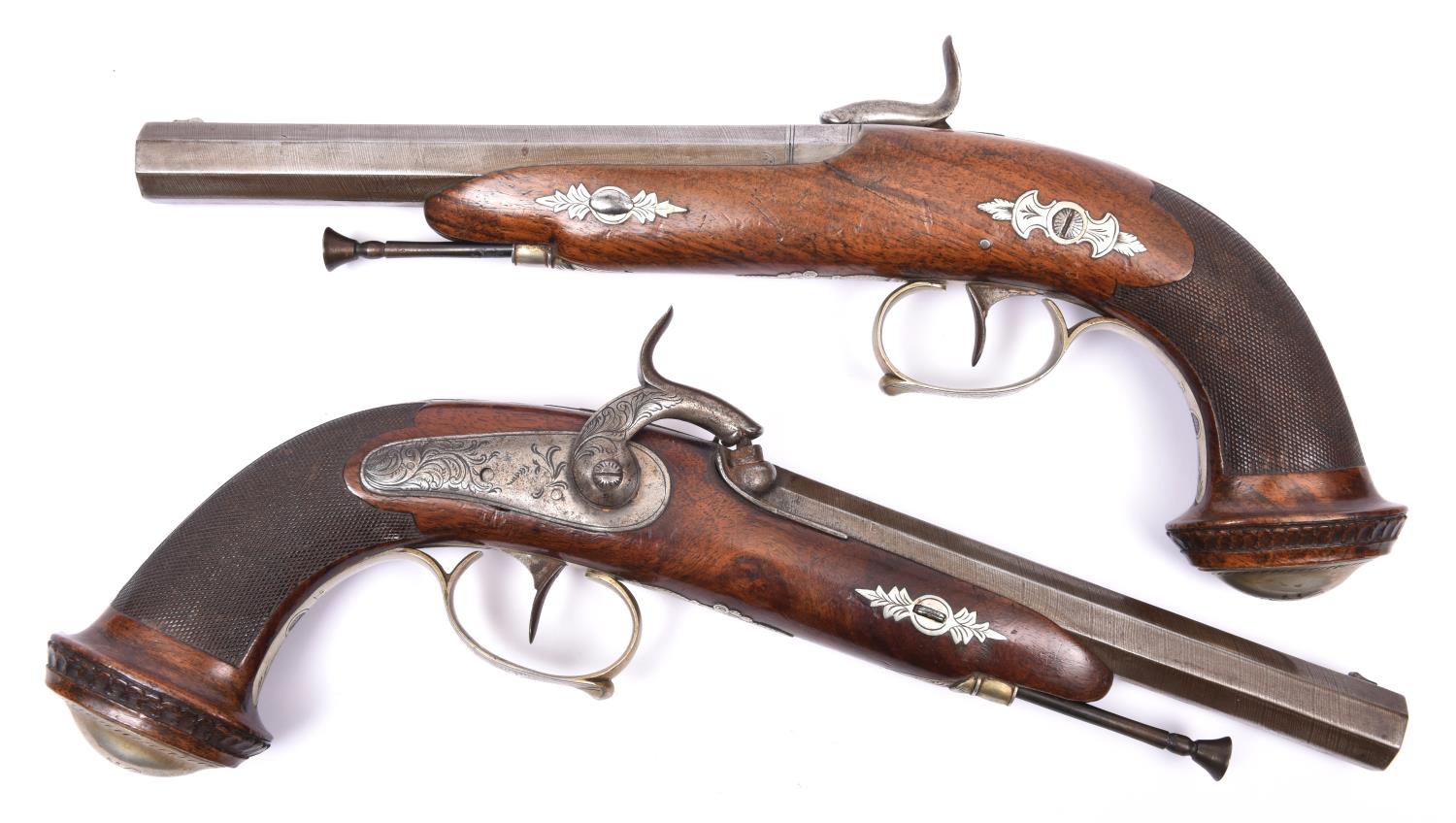 A pair of Belgian officer's 18 bore percussion holster pistols, c 1840, sighted octagonal twist - Image 2 of 2