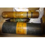 A 3" mortar bomb, flash bem, a shell head, a fibre container for a US 60mm mortar smoke cartridge;