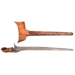 A Malay kris, straight blade 14½", brass mounted carved wood and horn hilt, in its wood sheath, (