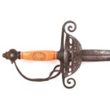 A 17th century rapier, broad blade 33", the shallow fullers showing signs of having had an