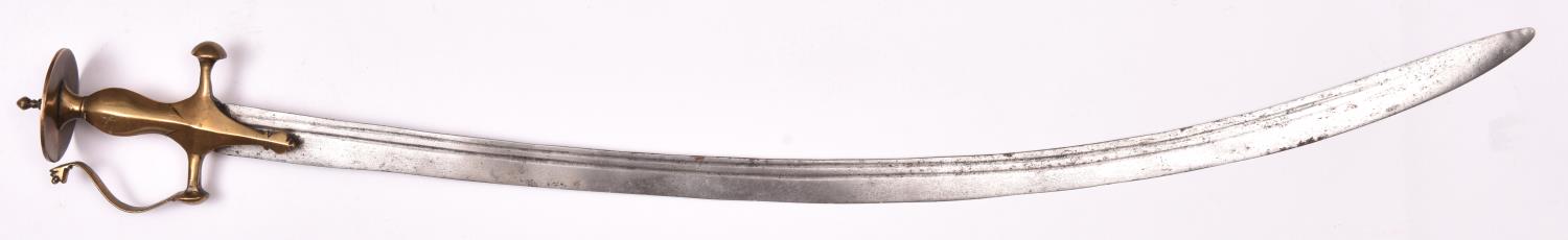 An Indian tulwar, blade 32" with two narrow fullers, all brass hilt with large disc pommel and