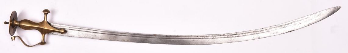 An Indian tulwar, blade 32" with two narrow fullers, all brass hilt with large disc pommel and