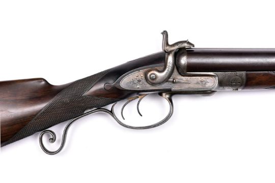 A good rare double barrelled 12 bore underlever pinfire rifle, by William Moore & Grey, number 2311,
