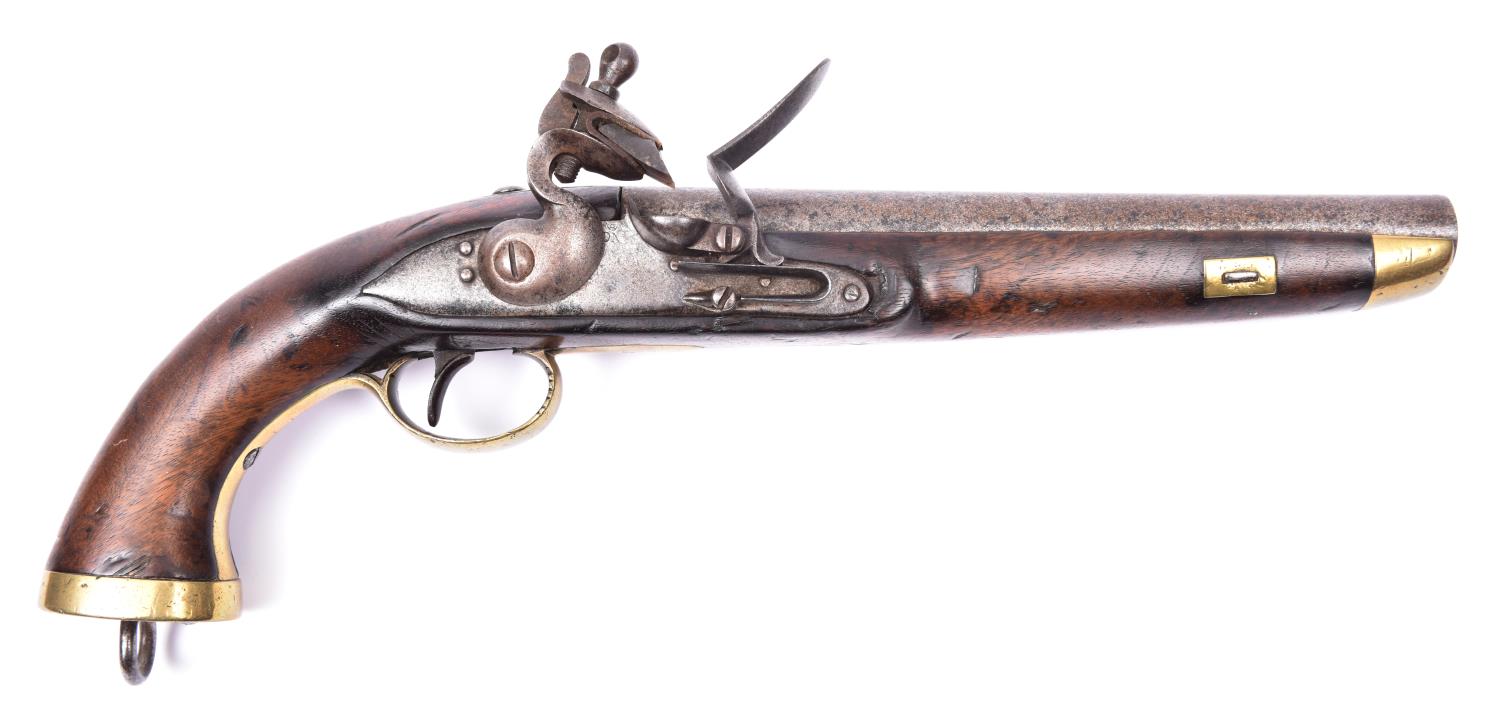 A Belgian made 14 bore military flintlock holster pistol, unmarked barrel 9", rounded lock with swan