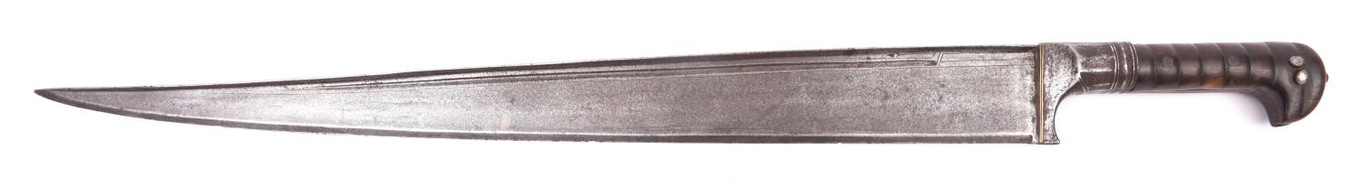 A large Afghan Khyber knife, blade 21", the iron mounted hilt having horn grips. Basically GC (metal - Image 2 of 2