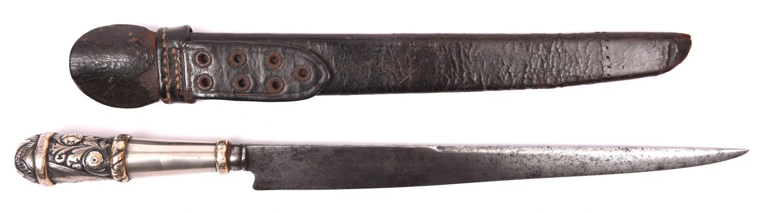 An Argentine Gaucho knife, tapered SE blade 10½" with worn maker's name, the tapered silver and gold