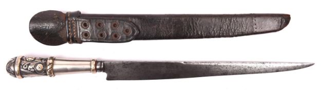 An Argentine Gaucho knife, tapered SE blade 10½" with worn maker's name, the tapered silver and gold