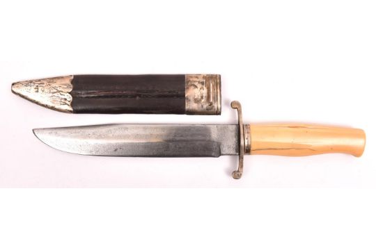 A nice old Bowie knife, unmarked slightly clipped back blade 8", the hilt having silver crossguard