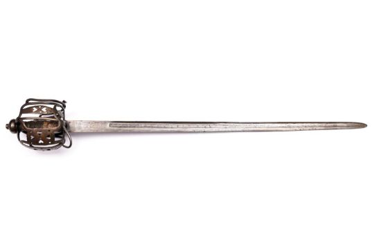 A mid 18th century Scottish basket hilted backsword, blade 34" with one broad and one narrow - Image 3 of 3