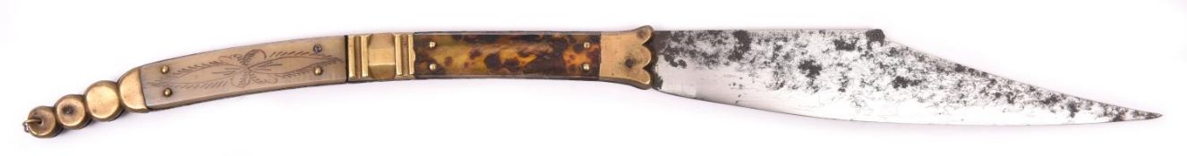 A Spanish 19th century folding knife navaja, broad blade 8¼" stamped with maker's name "MBERON" (?),