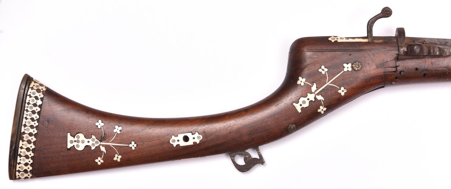 An Indian matchlock jezail, octagonal barrel 43" with slightly flared muzzle and inlaid with a - Image 2 of 2