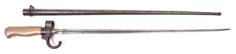 A French M1886 Lebel bayonet, with downswept quillon and round button catch, in its scabbard. GC (