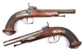 A pair of Belgian officer's 18 bore percussion holster pistols, c 1840, sighted octagonal twist