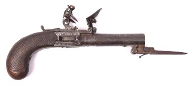 A 60 bore flintlock pocket pistol with spring bayonet, c 1820, turn off barrel 2½", the muzzle